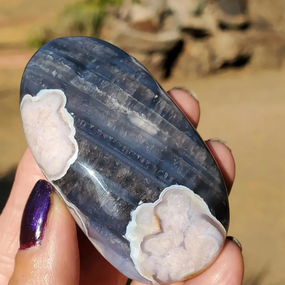 Blue Flower Blossom Agate Translucent Palmstone Crystal 68 grams